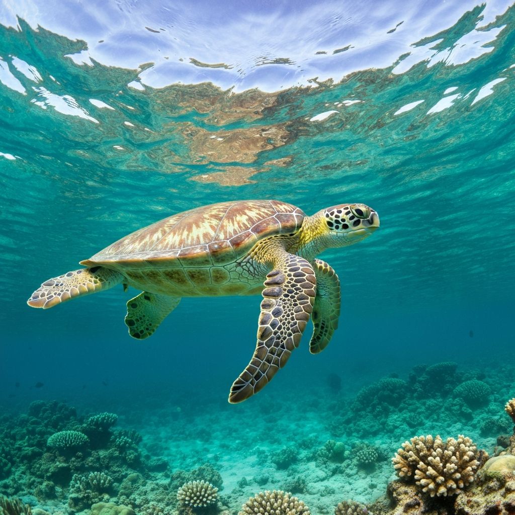 Tortue verte nageant dans les eaux de la Reserve Cousteau